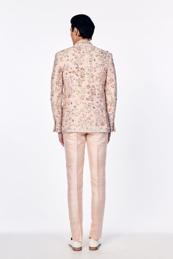 Flat Dupion Silk Bandhgala With Zardosi Floral Embroidery in Rose Gold
