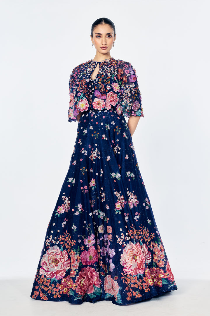 Organza Cape Embellished With Bold Botanical Bouquet Motifs In Navy