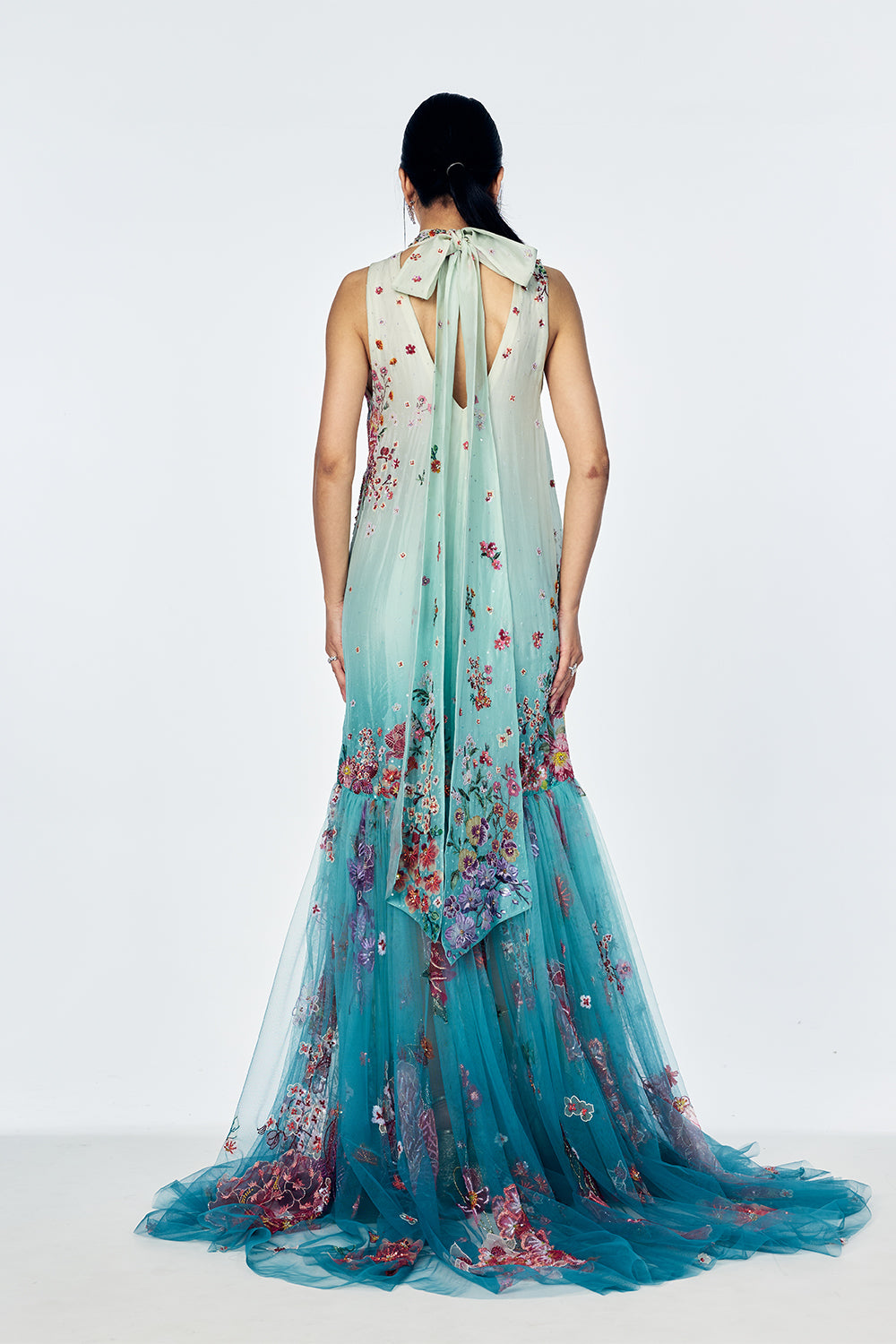 Organza And Silk Crepe A-Line Dress With Painterly Floral Embroidery In Mint