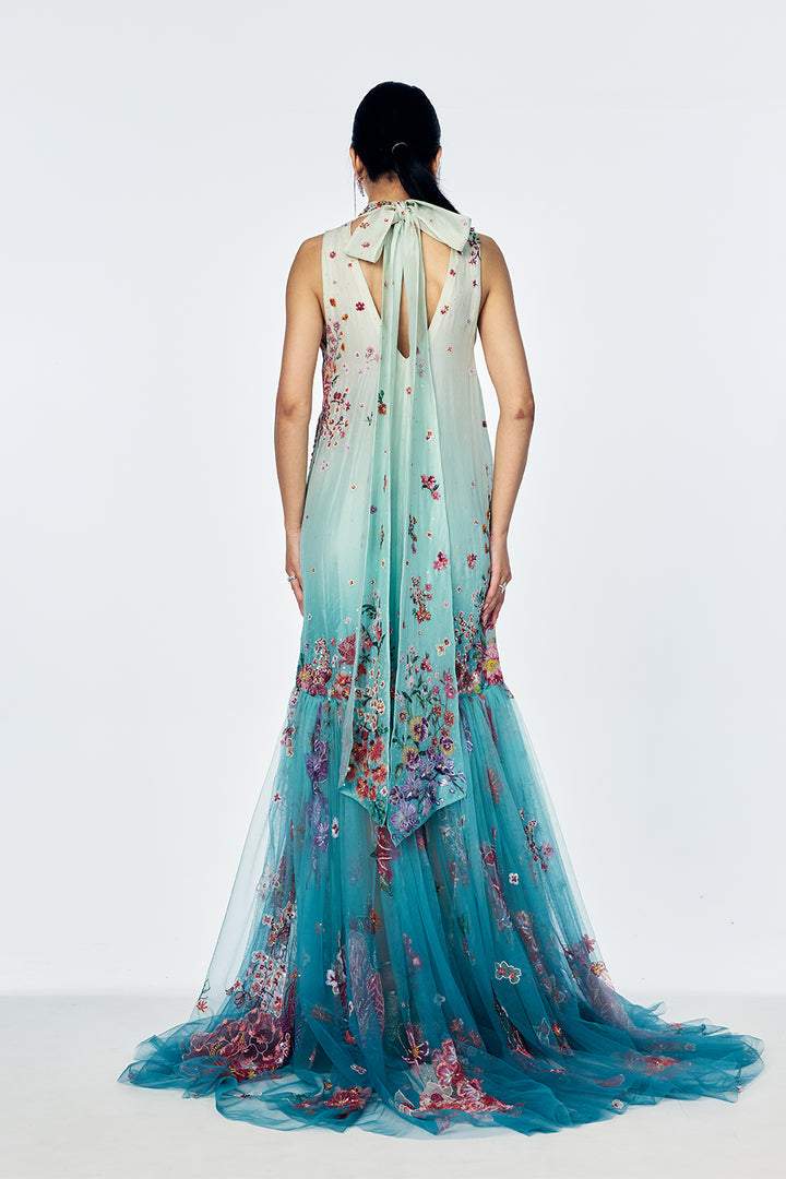 Organza And Silk Crepe A-Line Dress With Painterly Floral Embroidery In Mint