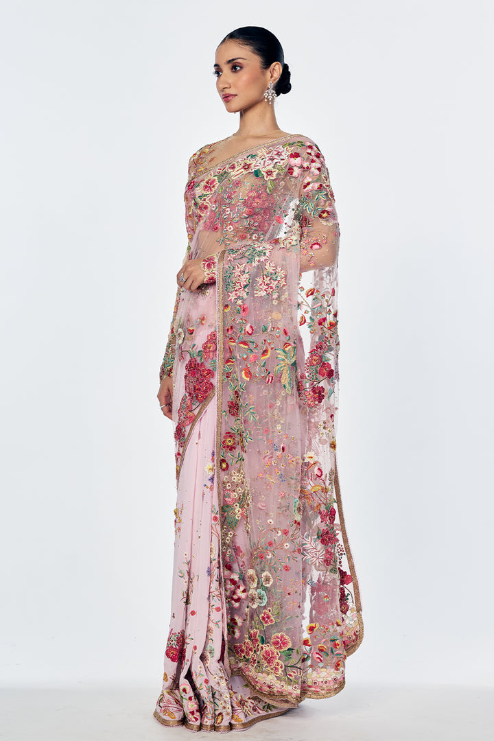 Zenith Saree Set With Botanical Handwork In Lily Pink