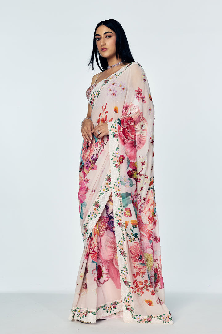 Florence Saree Set With Botanical Floral Print In Blush Pink