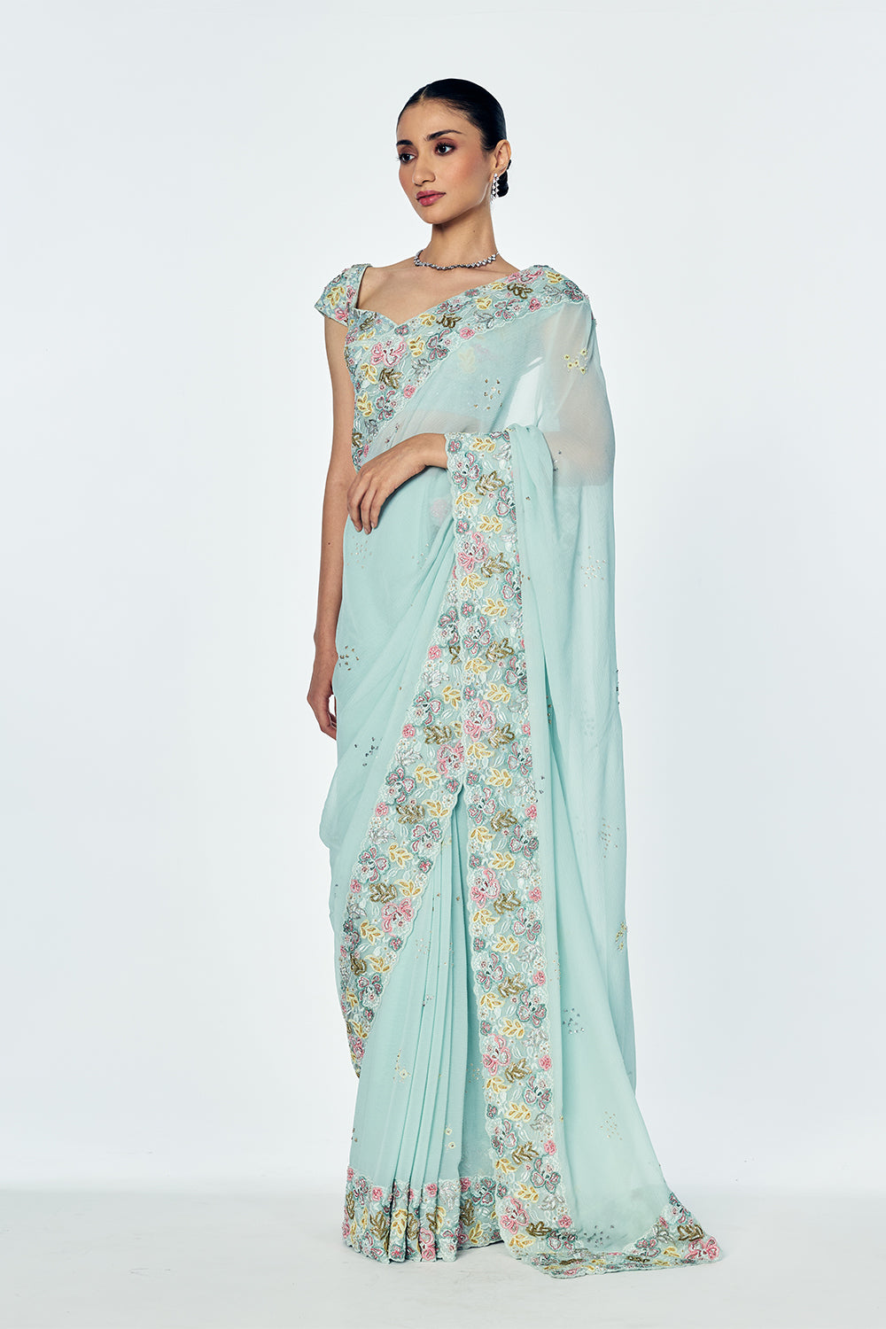 Zenith Saree Set With Intricate Floral Embroidery In Mint