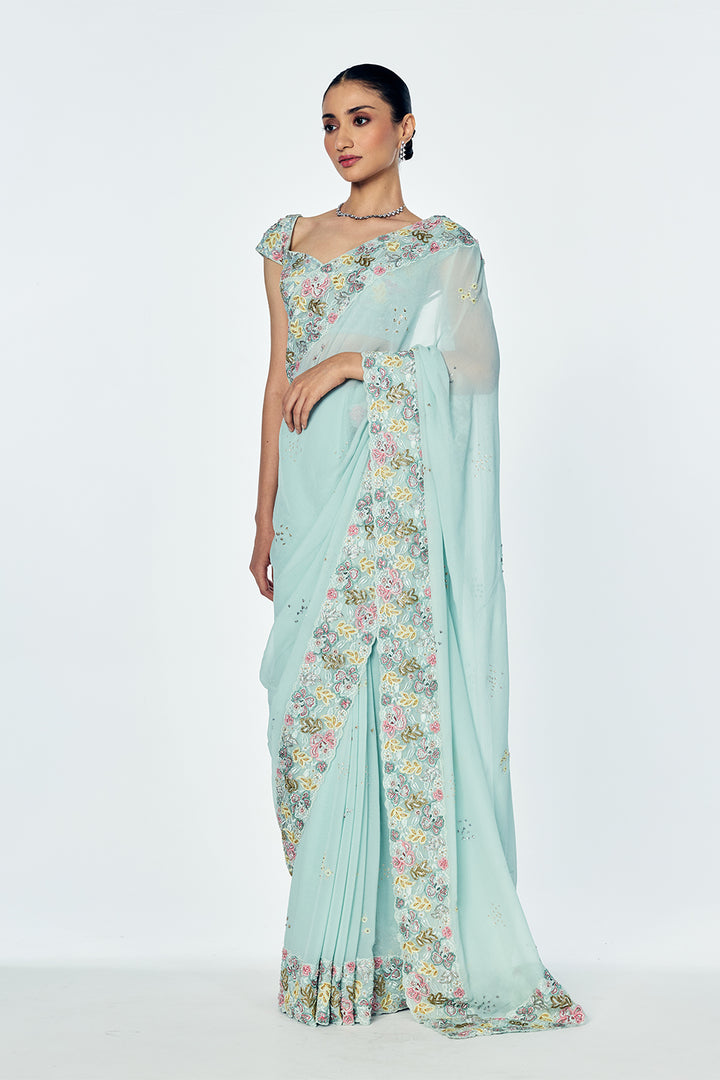 Zenith Saree Set With Intricate Floral Embroidery In Mint