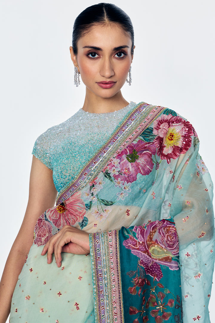 Florence Saree Set In Silk Organza And Soft Net With Satin-Thread Floral Embroidery In Mint
