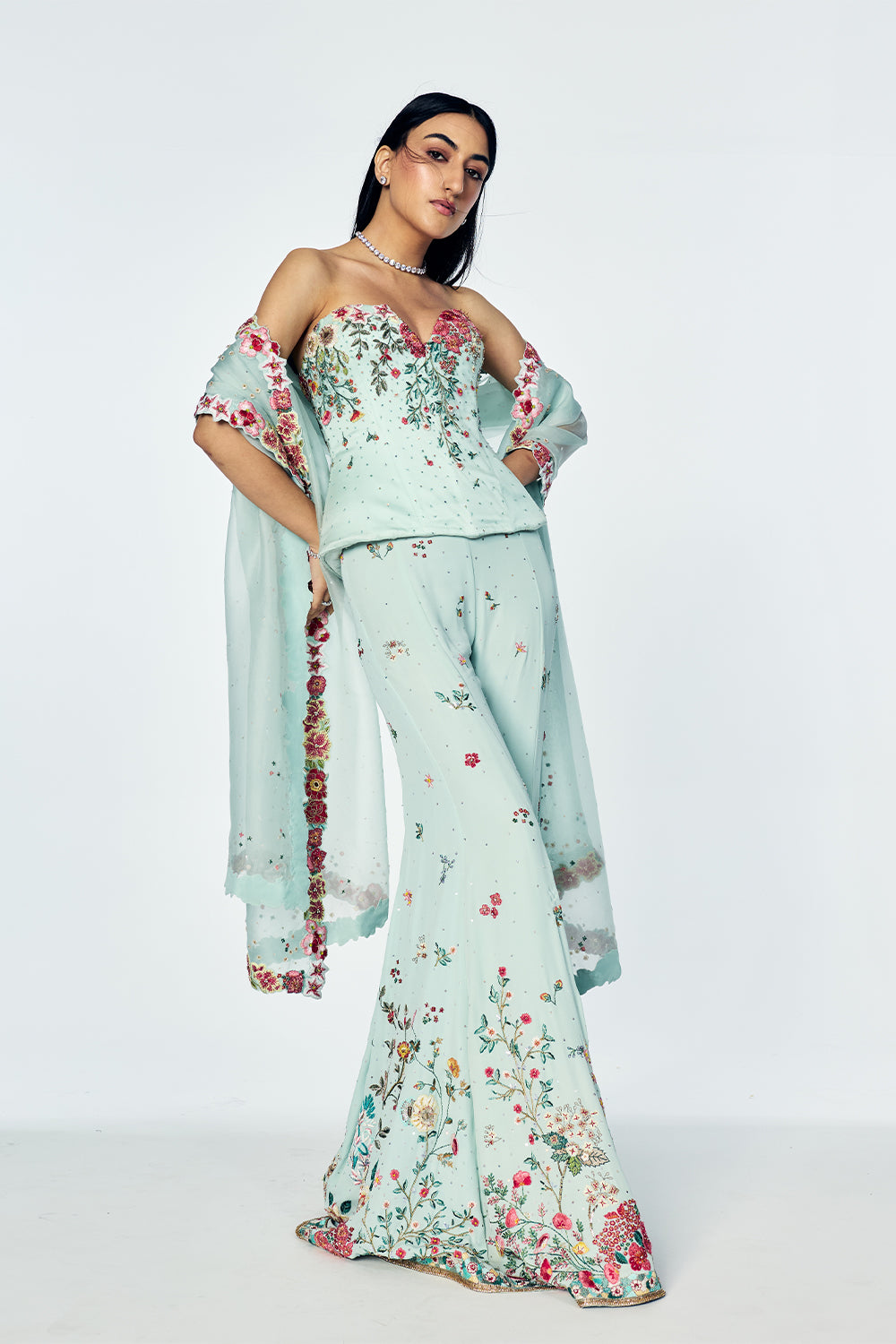 Zenith Sharara Set With Floral Embroidery In Mint
