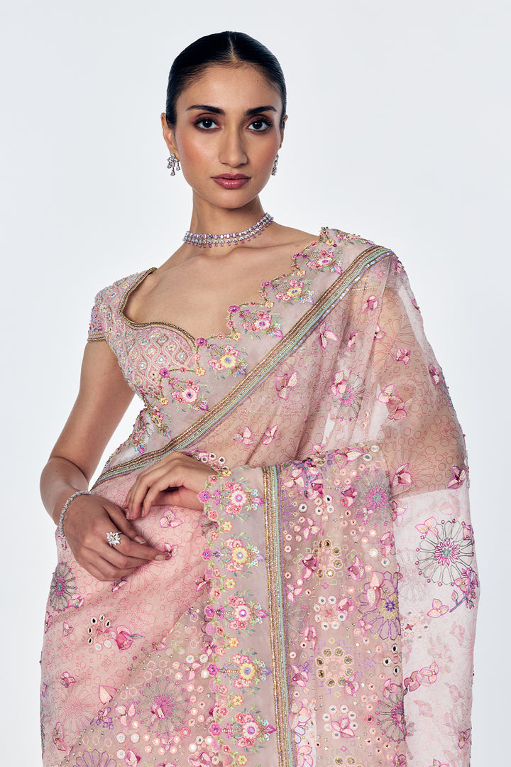 Silk Georgette Saree Set With Bougainvillea Embroidery In Rose Pink