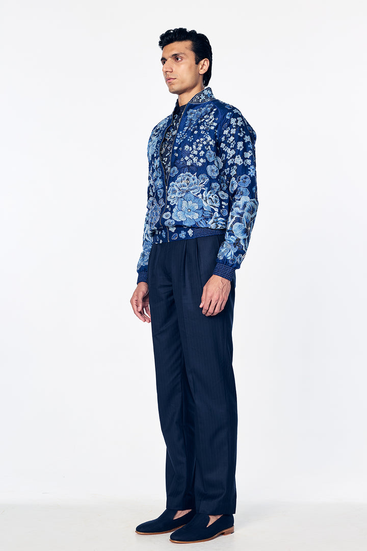 Organza Bomber Jacket With Monochromatic Floral Embroidery In Navy