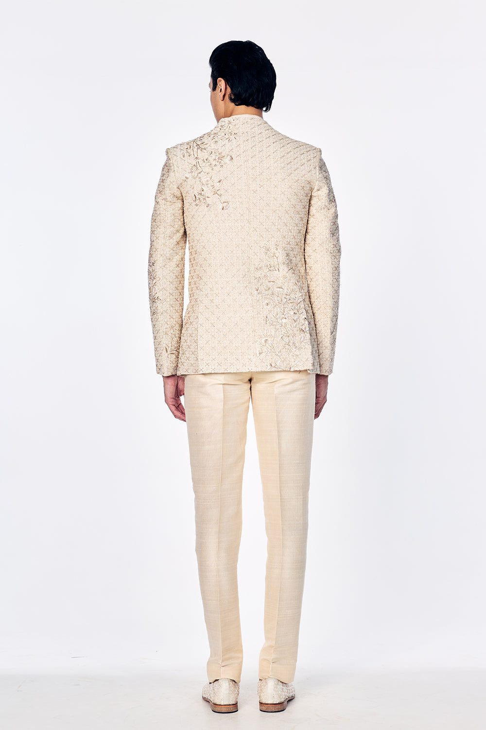 Zenith Raw Silk Bandhgala With Zari Stripes And Floral Embroidery In Ivory
