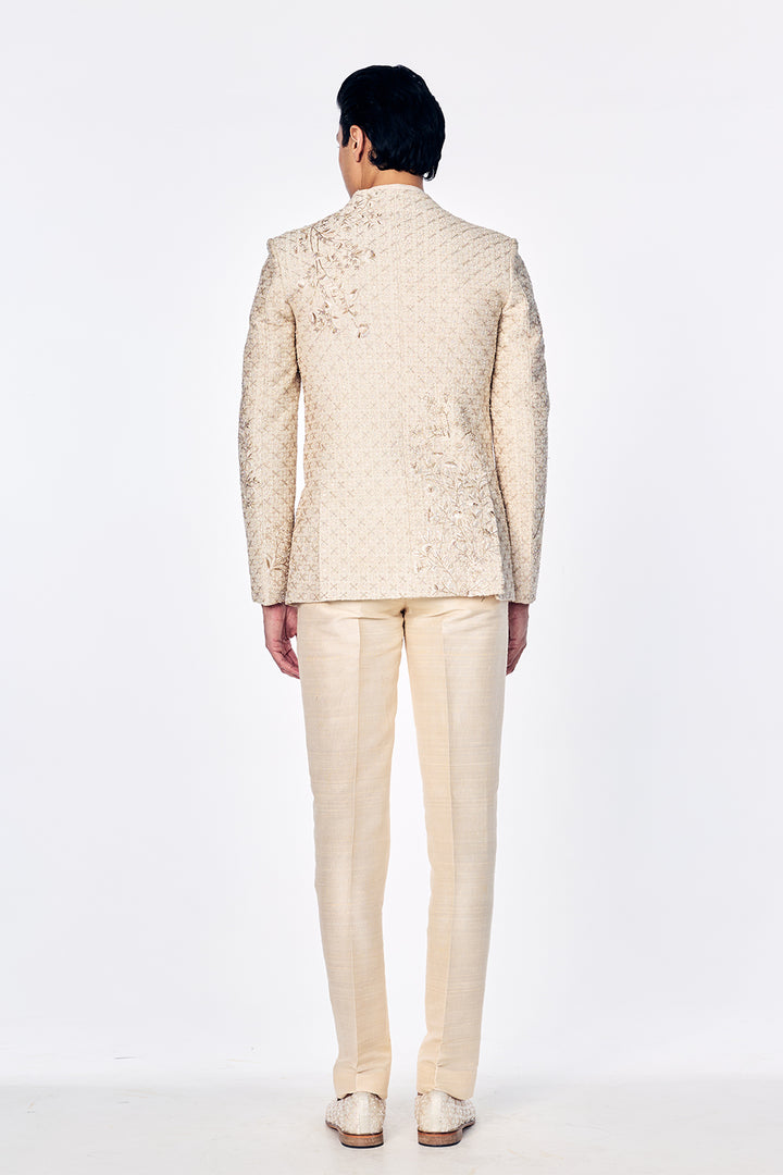 Zenith Raw Silk Bandhgala With Zari Stripes And Floral Embroidery In Ivory