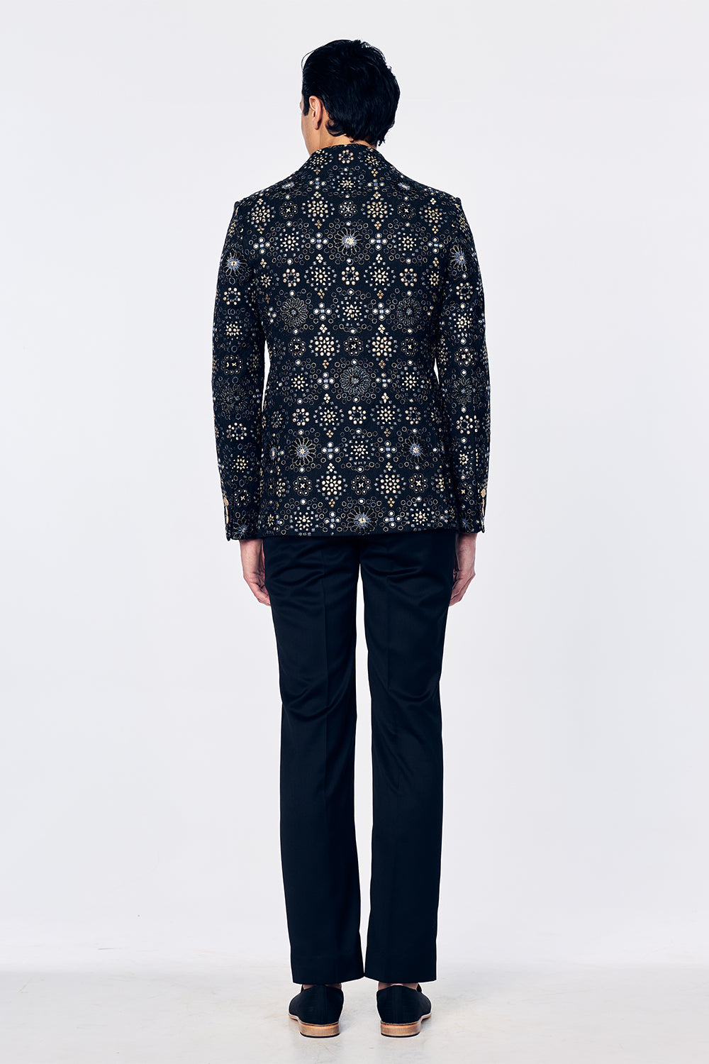 Chanderi Bandhgala With Geometric Jali Embroidery In Black