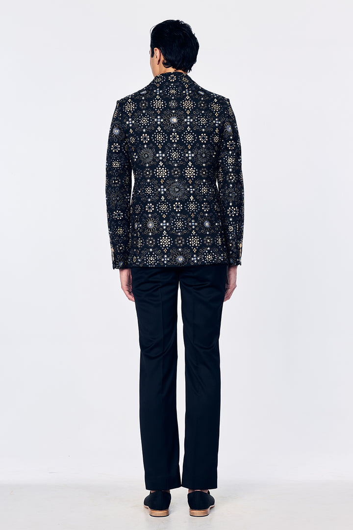 Chanderi Bandhgala With Geometric Jali Embroidery In Black