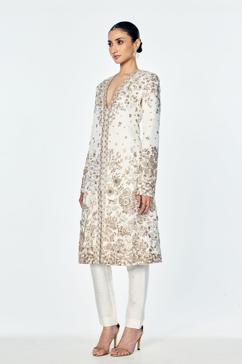 Paisley Jacquard And Raw Silk Jacket Set With Zenith Zardosi Embroidery In Gold and Ivory