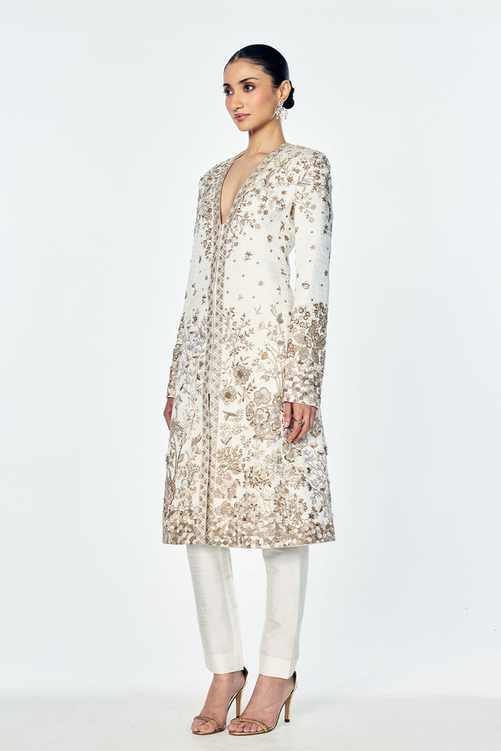 Paisley Jacquard And Raw Silk Jacket Set With Zenith Zardosi Embroidery In Gold and Ivory