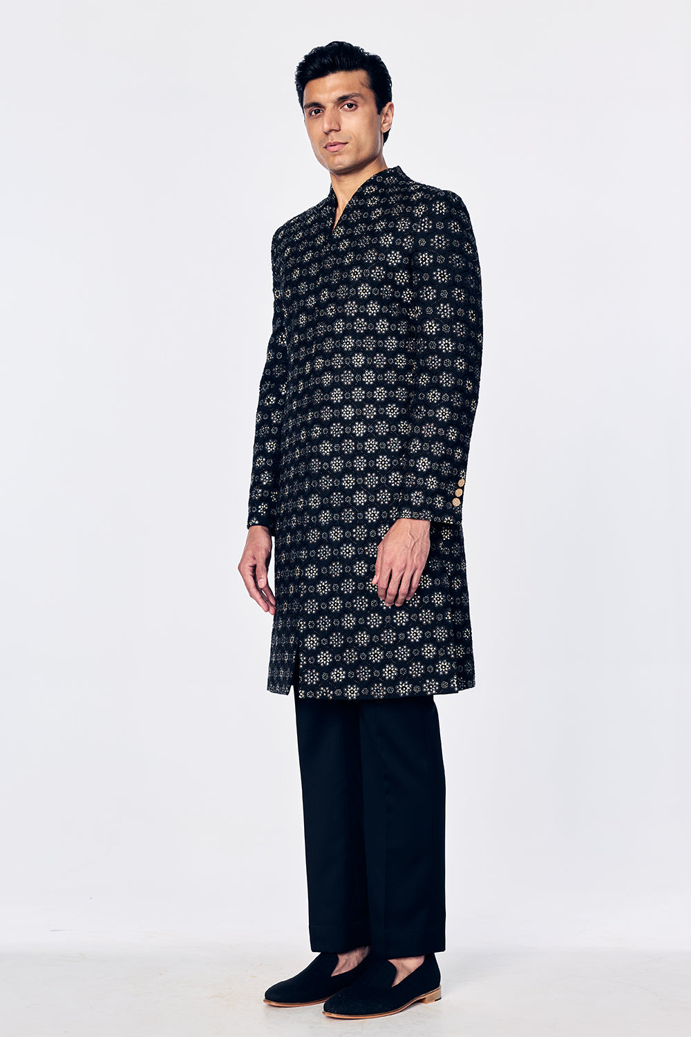Chanderi Sherwani With Jali Outline Embroidery In Black