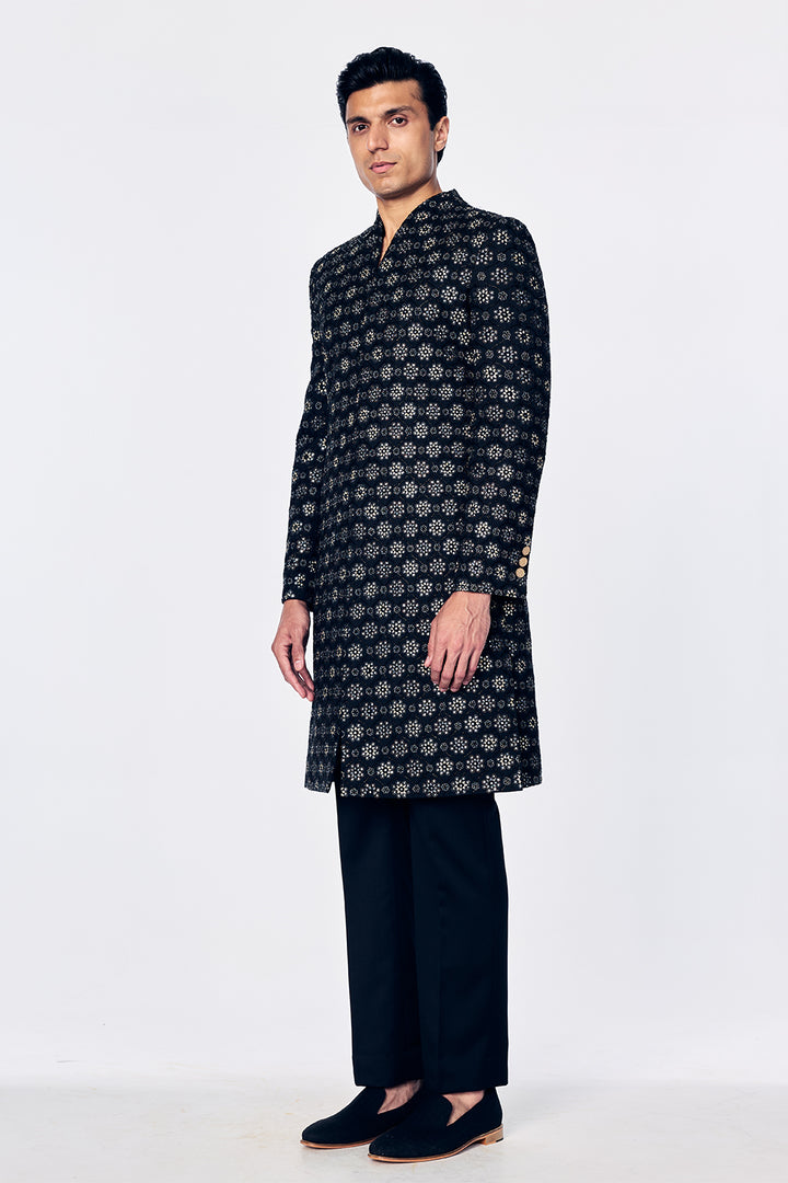 Chanderi Sherwani With Jali Outline Embroidery In Black