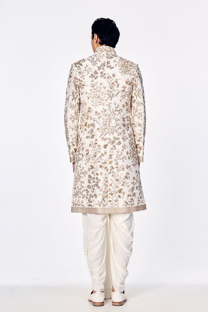 Silk Sherwani Set With Tonal Floral Embroidery In Ivory