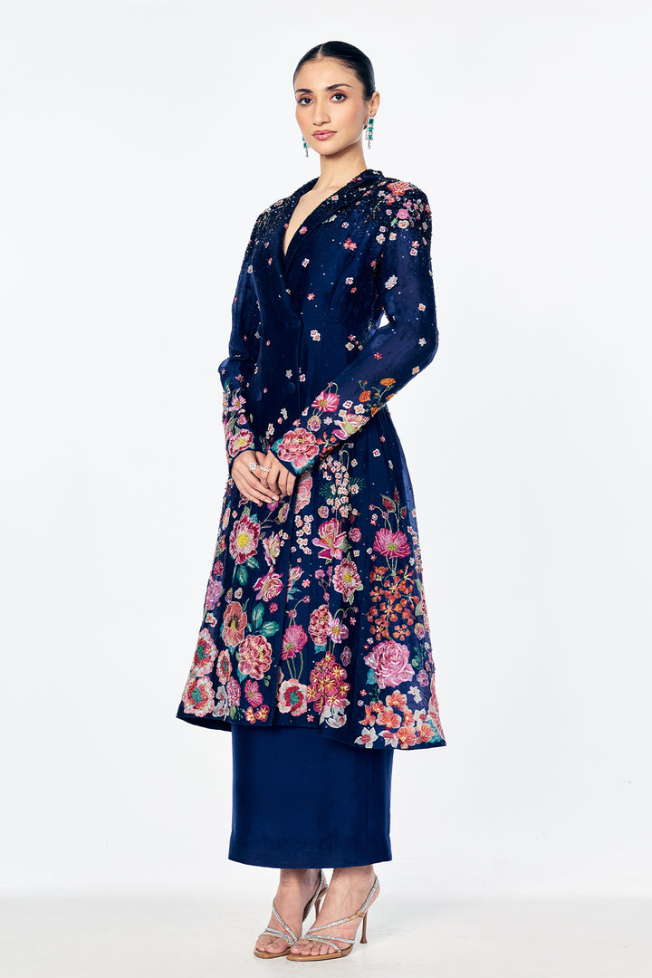 Florence Trench Cat With Satin-Thread Floral Embroidery In Navy