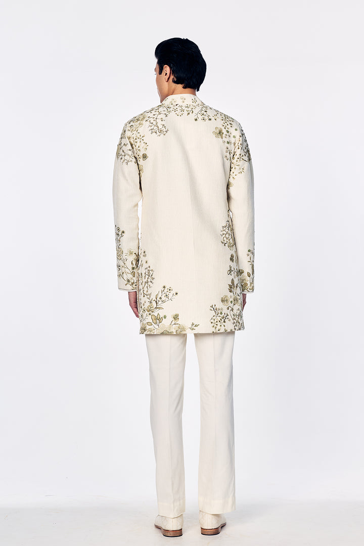 Florence Raw Silk Short Kurta With Tonal Botanical Vine Embroidery In Ivory