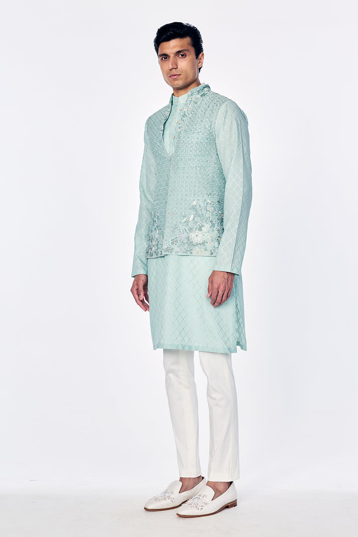 Zenith Silk Organza Bandi With Floral Embroidery And Sequin Highlights In Mint