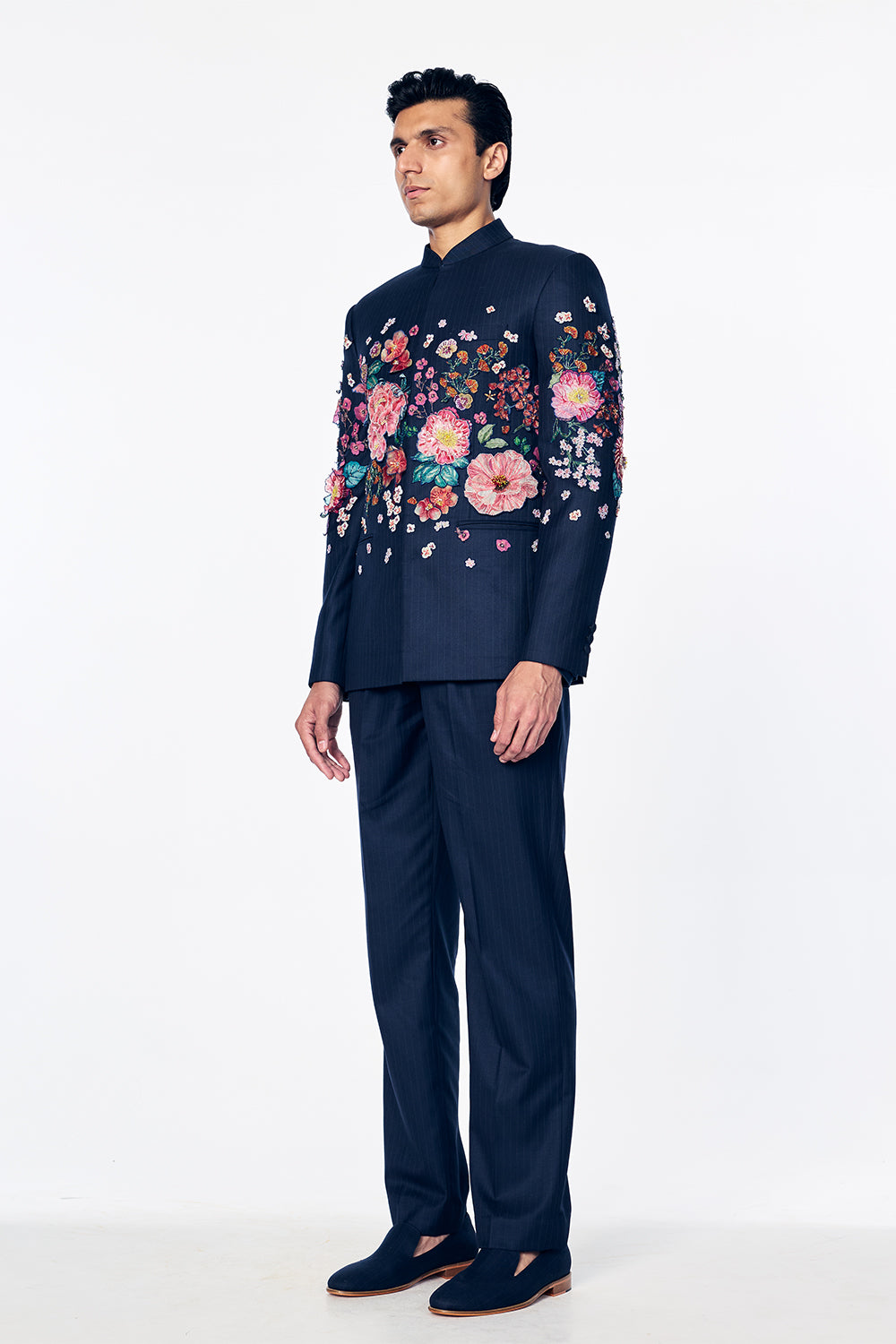 Florence Silk Bandhgala With 3D Floral Embroidery In Navy