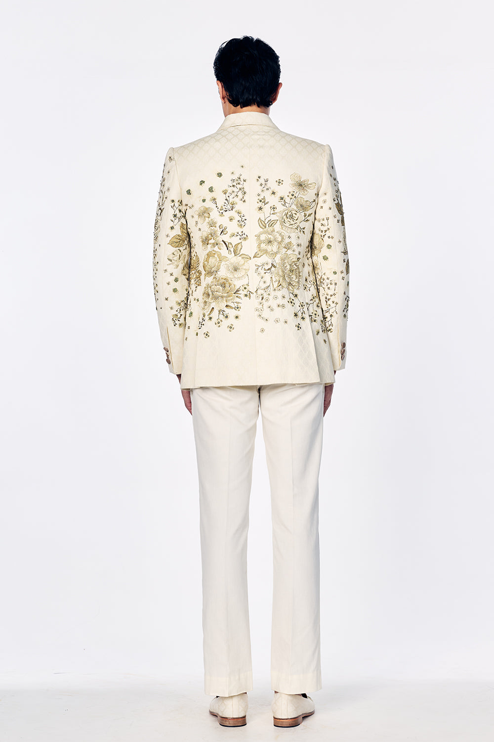Double-Breasted Jacquard Jacket With Light Gold Zardosi And Floral Embroidery In Ivory