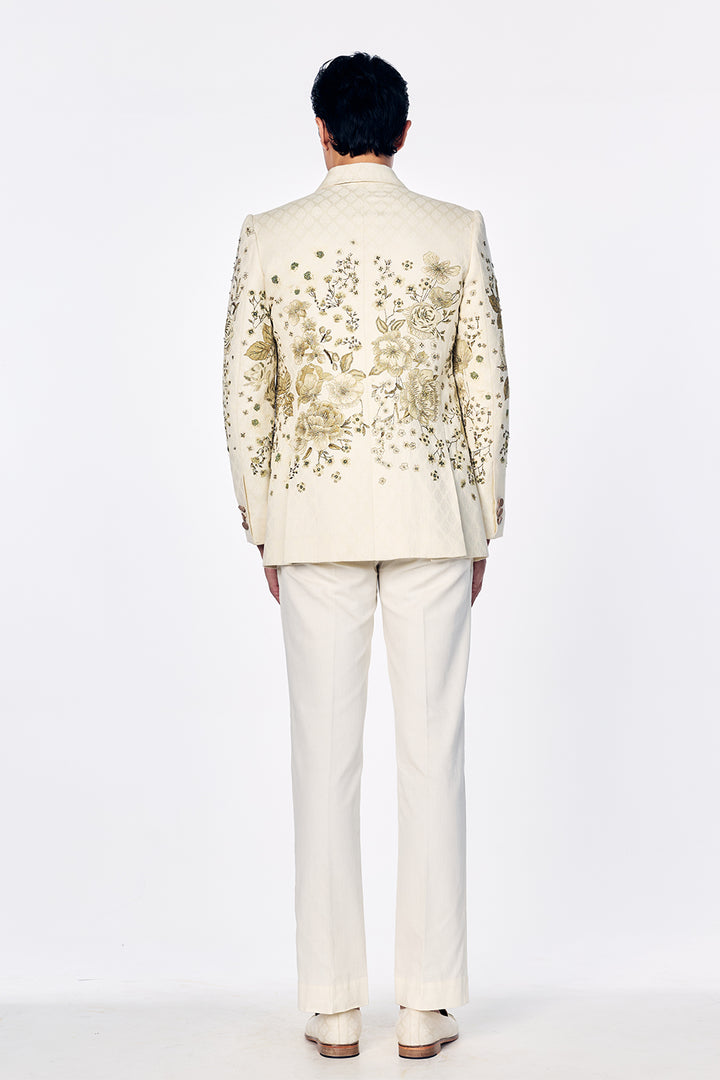 Double-Breasted Jacquard Jacket With Light Gold Zardosi And Floral Embroidery In Ivory