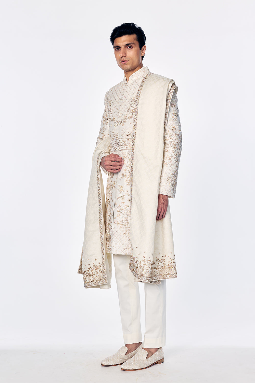 Zenith Sherwani Set With Botanical Golden Embroidery In Ivory