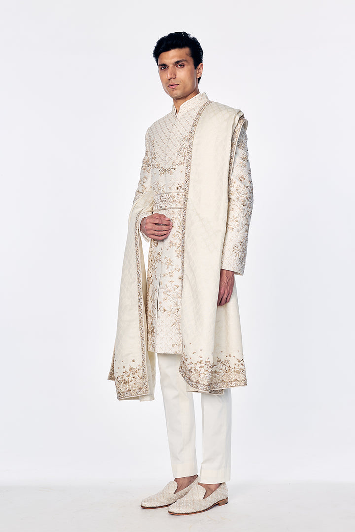 Zenith Sherwani Set With Botanical Golden Embroidery In Ivory