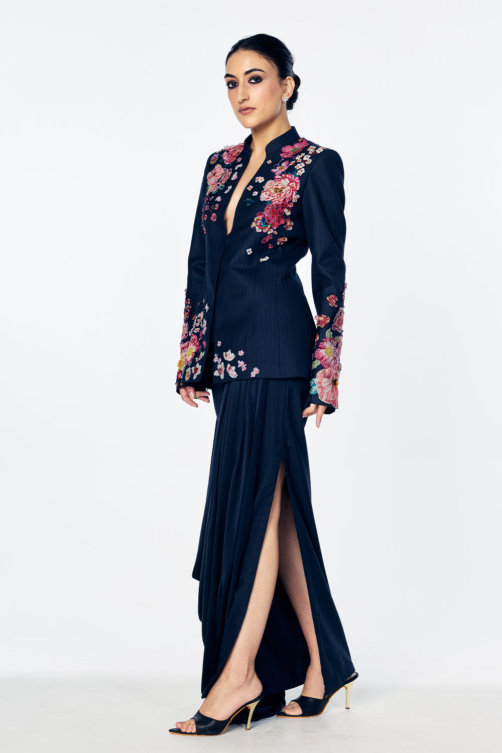 Florence Bandhgala With Tuscany-Inspired Satin-Thread Floral Embroidery In Navy