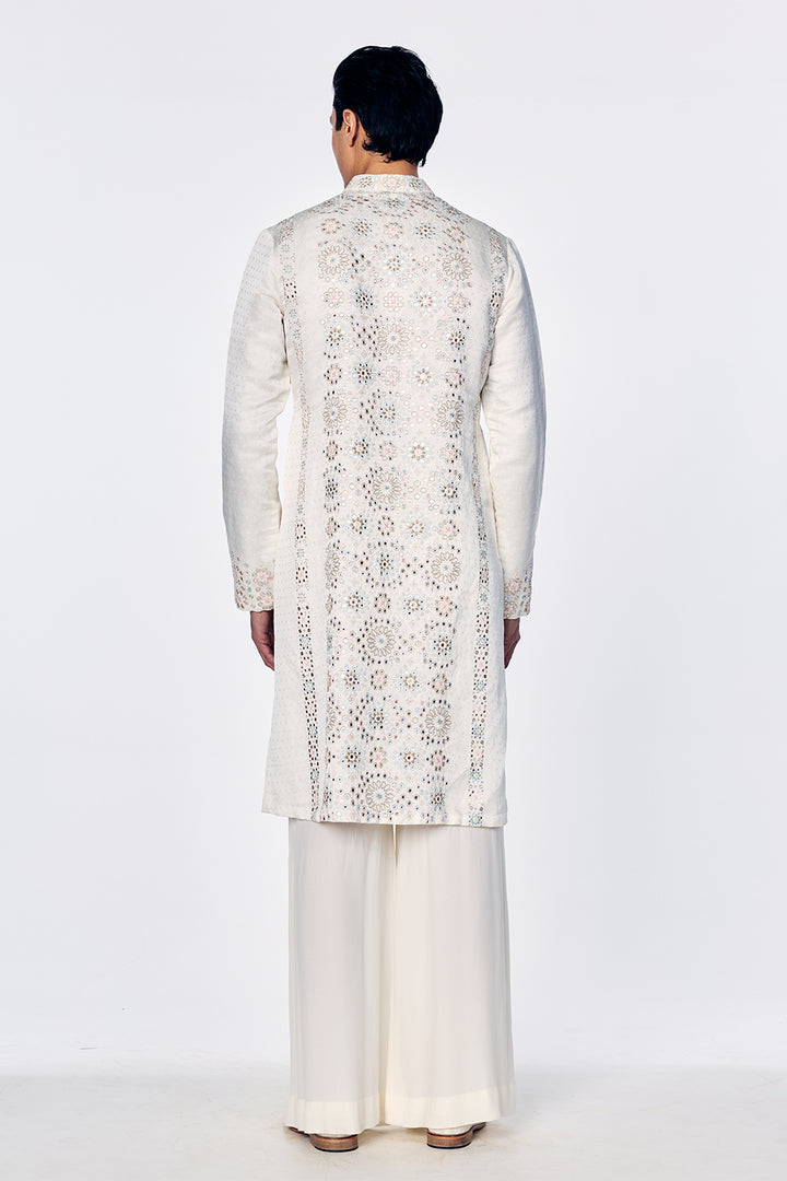 Silk Kurta With Geometric Threadwork In Ivory