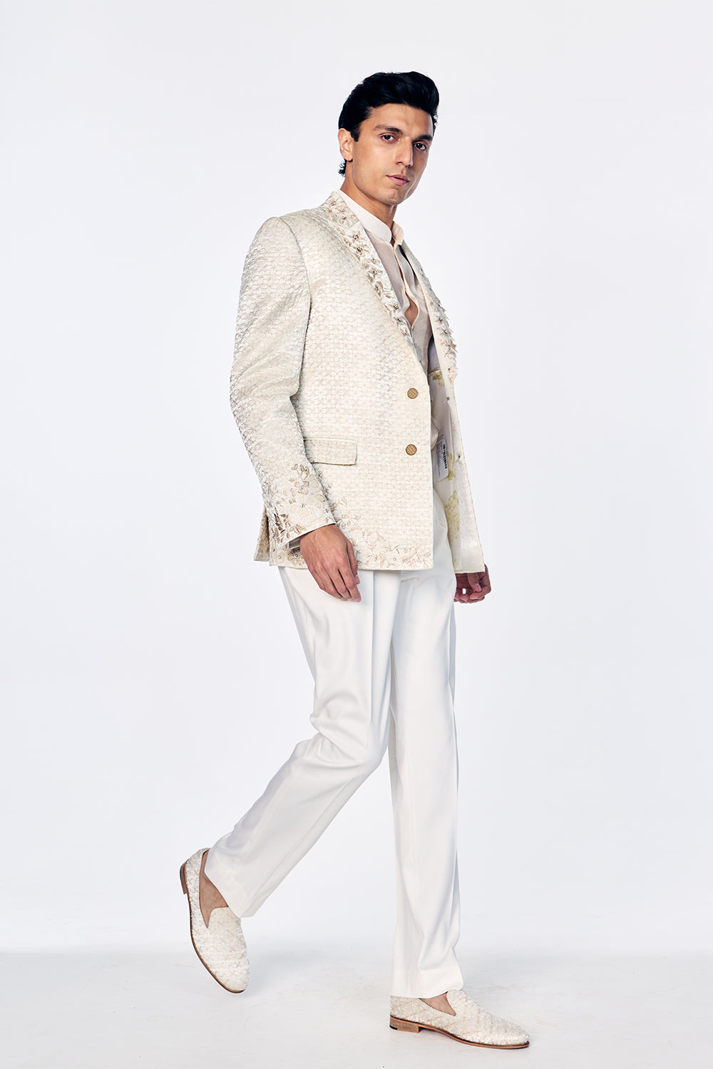 Zenith Satin Tissue Tuxedo Jacket With Signature 3D Floral Embroidery In Ivory