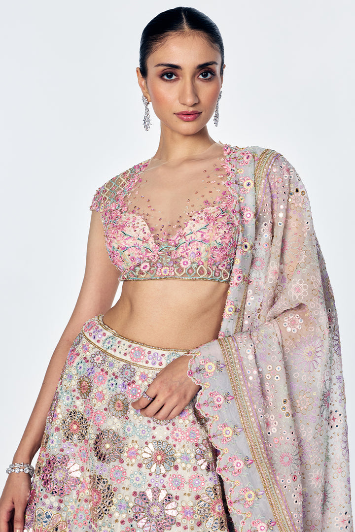 Organza Lehenga Set With Mirrorwork And Bougainvillea Embroidery In Ivory