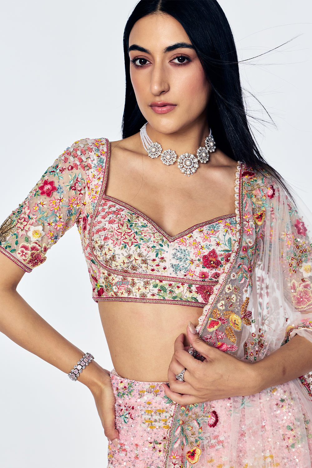Zenith Lehenga Set With Floral Hand Embroidery in Lily Pink