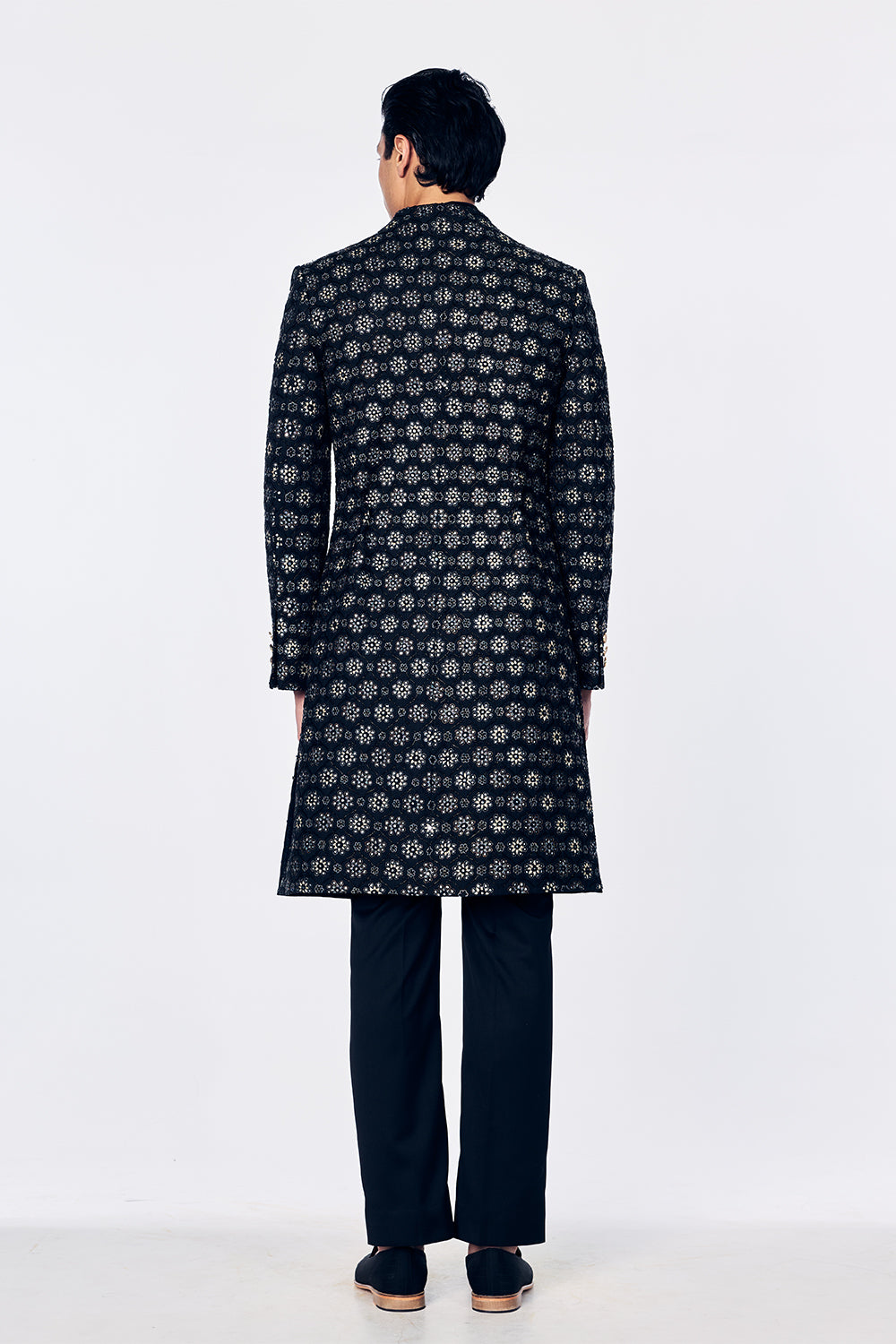 Chanderi Sherwani With Jali Outline Embroidery In Black