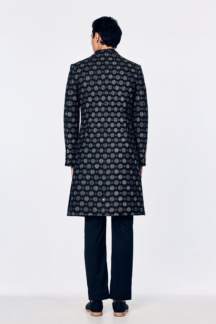 Chanderi Sherwani With Jali Outline Embroidery In Black