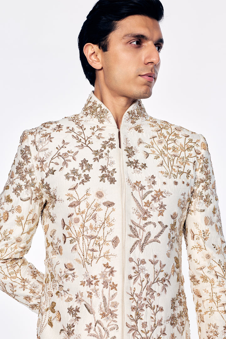 Silk Sherwani Set With Tonal Floral Embroidery In Ivory