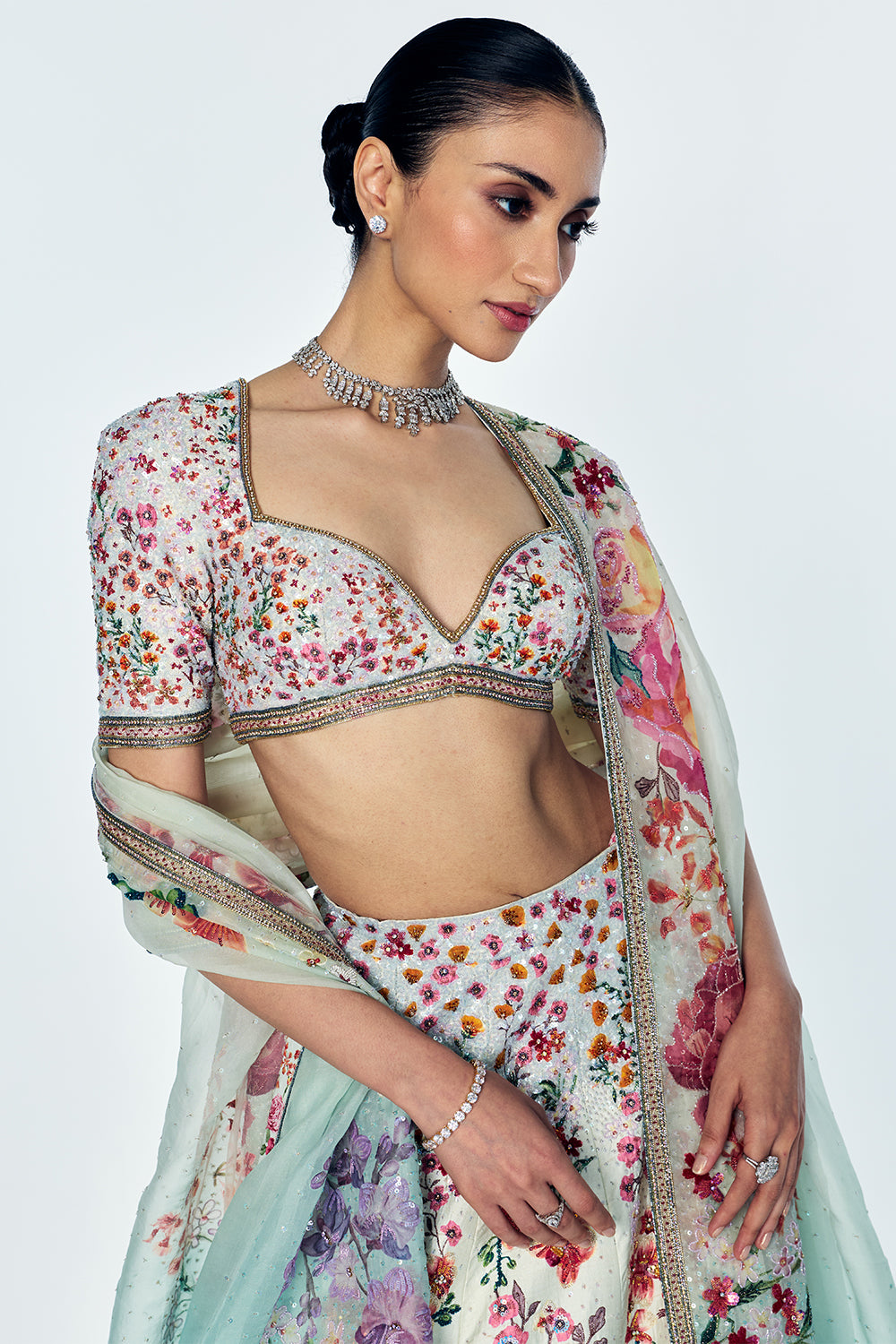 Raw Silk And Organza Lehenga Set With Bouquet Embroidery In Teal