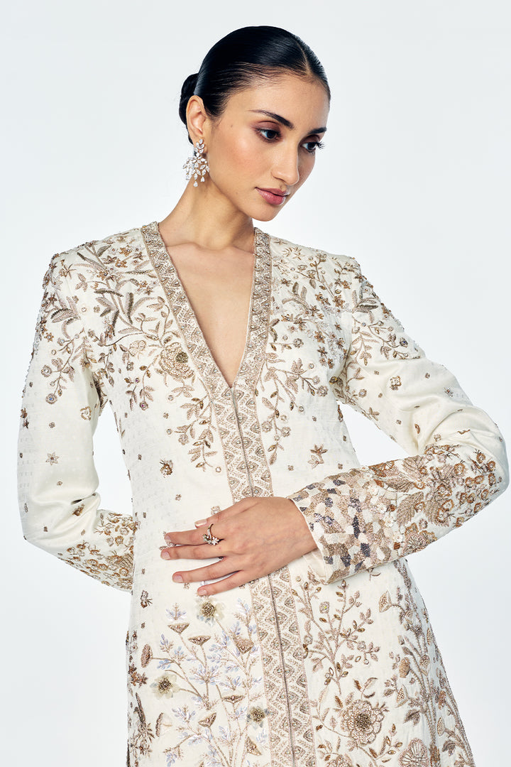 Paisley Jacquard And Raw Silk Jacket Set With Zenith Zardosi Embroidery In Gold and Ivory