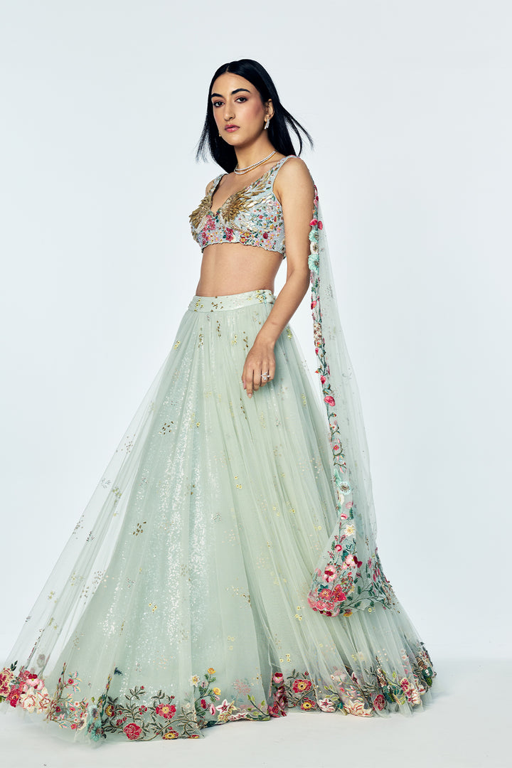 Zenith Skirt Set With Botanical Embroidery In Mint