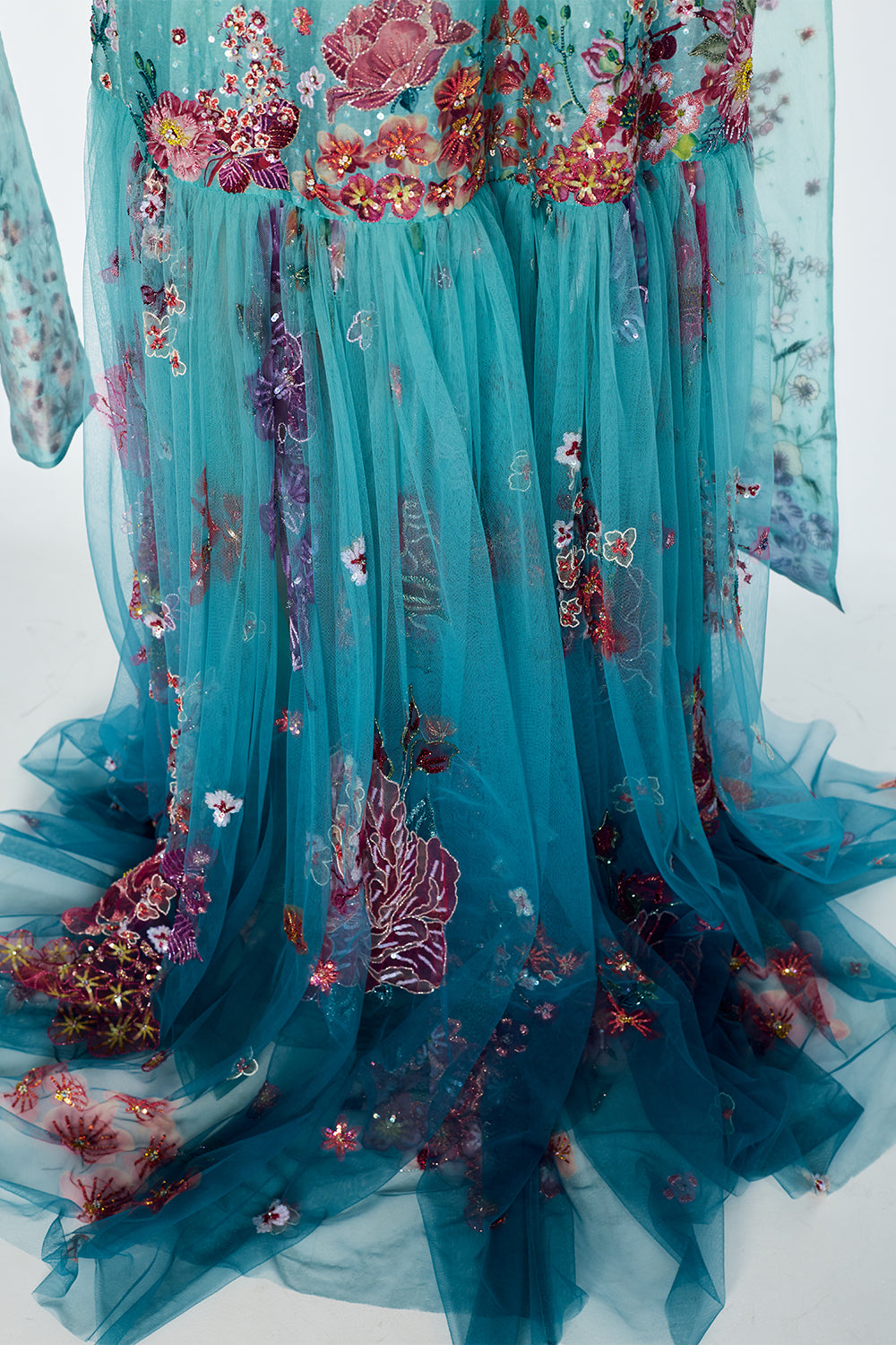 Organza And Silk Crepe A-Line Dress With Painterly Floral Embroidery In Mint