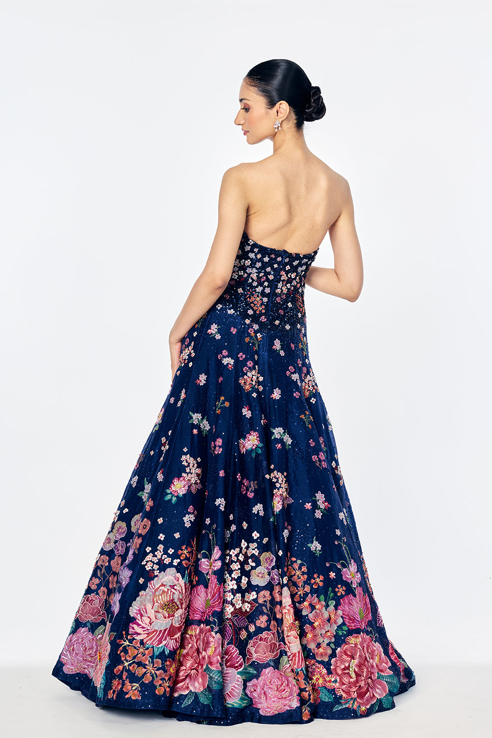 Silk Organza Gown With Botanical Bouquet Embroidery In Navy