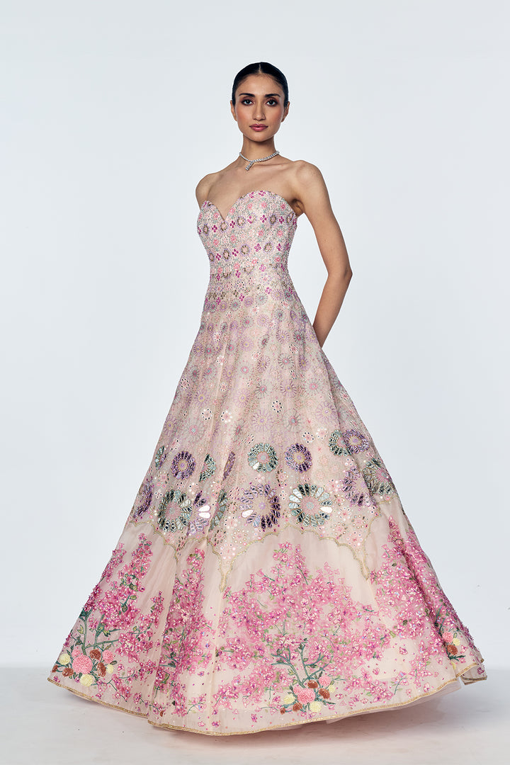 Organza Gown With Mirrorwork And Bougainvillea Embroidery In Lily Pink