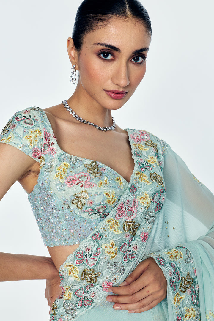 Zenith Saree Set With Intricate Floral Embroidery In Mint