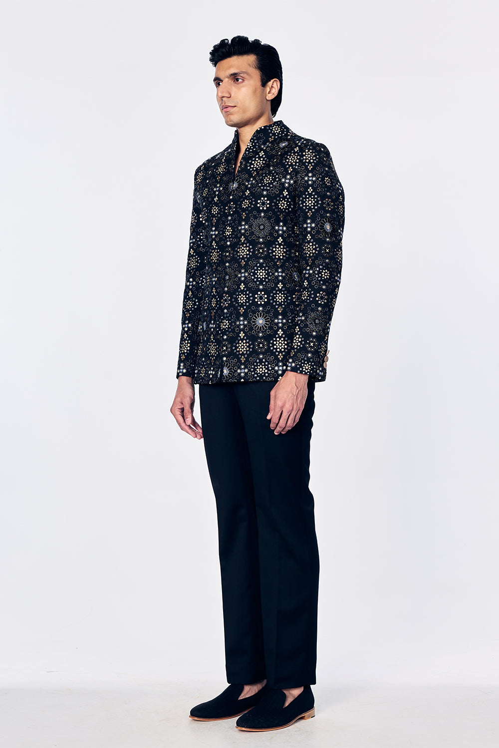 Chanderi Bandhgala With Geometric Jali Embroidery In Black