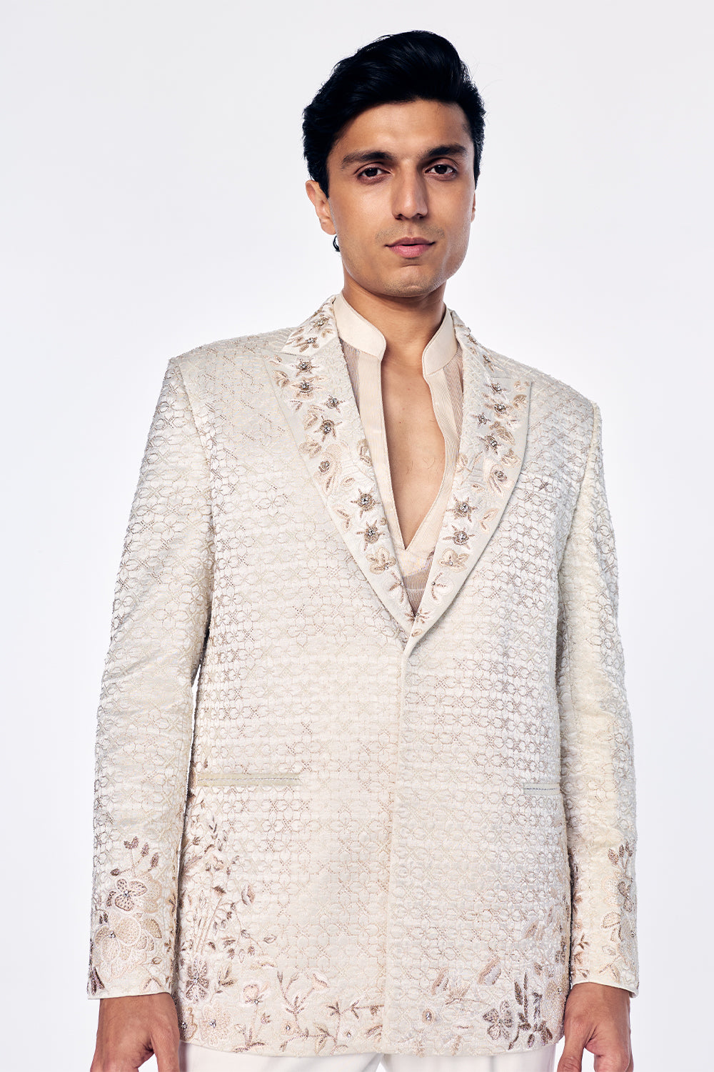 Zenith Satin Tissue Tuxedo Jacket With Signature 3D Floral Embroidery In Ivory