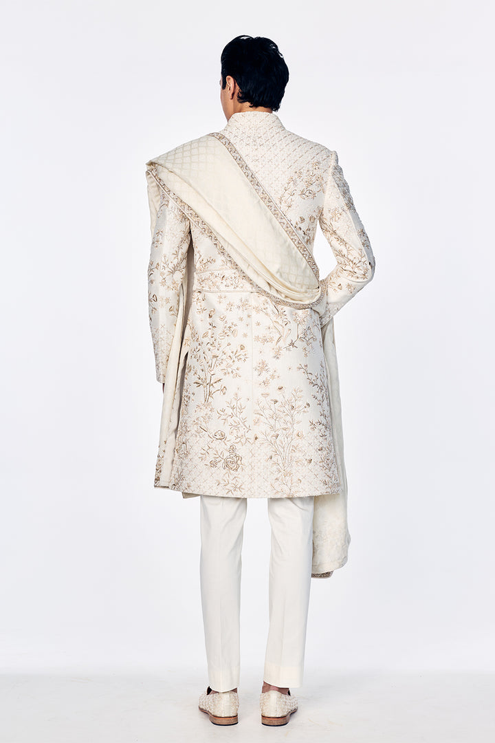 Zenith Sherwani Set With Botanical Golden Embroidery In Ivory