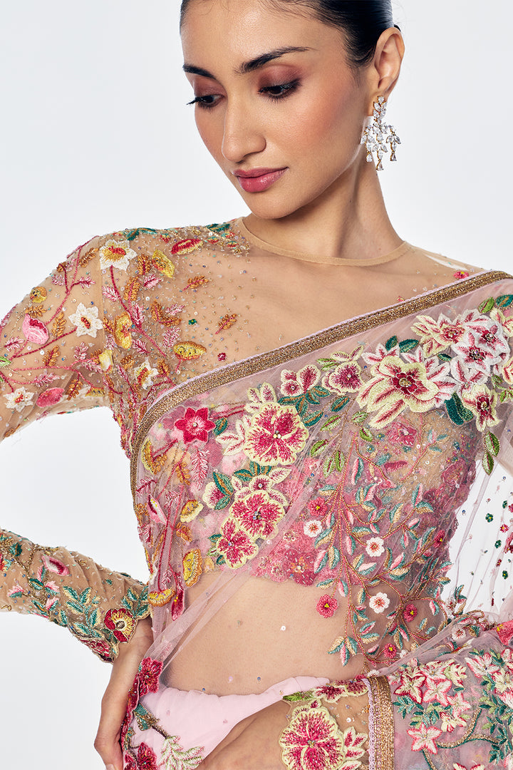 Zenith Saree Set With Botanical Handwork In Lily Pink
