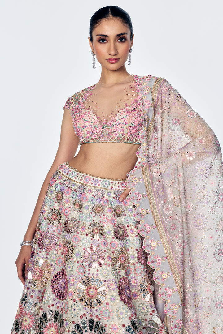 Organza Lehenga Set With Mirrorwork And Bougainvillea Embroidery In Ivory