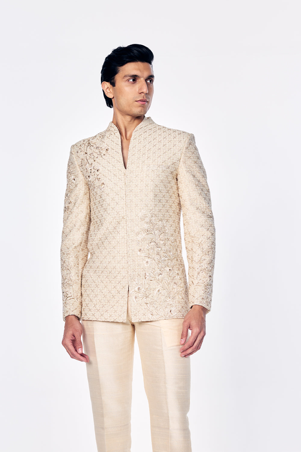 Zenith Raw Silk Bandhgala With Zari Stripes And Floral Embroidery In Ivory